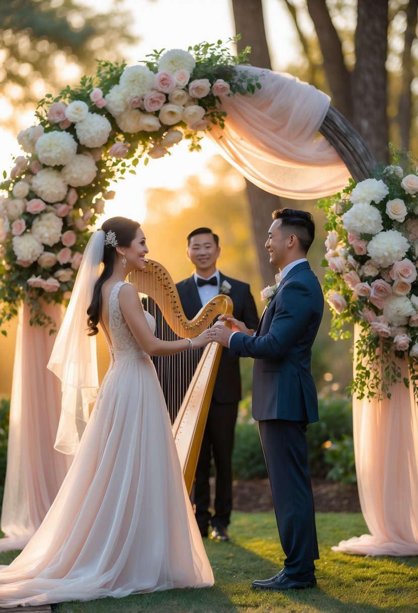 A couple exchanging vows under a floral arch while a harpist plays nearby in an outdoor setting.