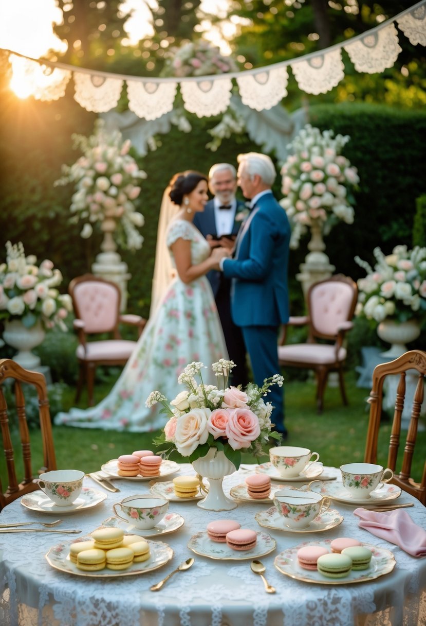 A mature couple exchanging vows at an outdoor garden tea party with a decorated table and floral arrangements.