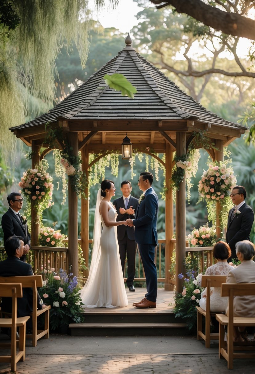 A couple exchanging vows at a decorated gazebo surrounded by plants and flowers in a garden, with a few guests watching nearby.