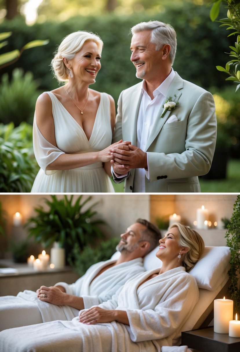 A couple renewing their wedding vows outdoors and later relaxing together during a couples spa day.