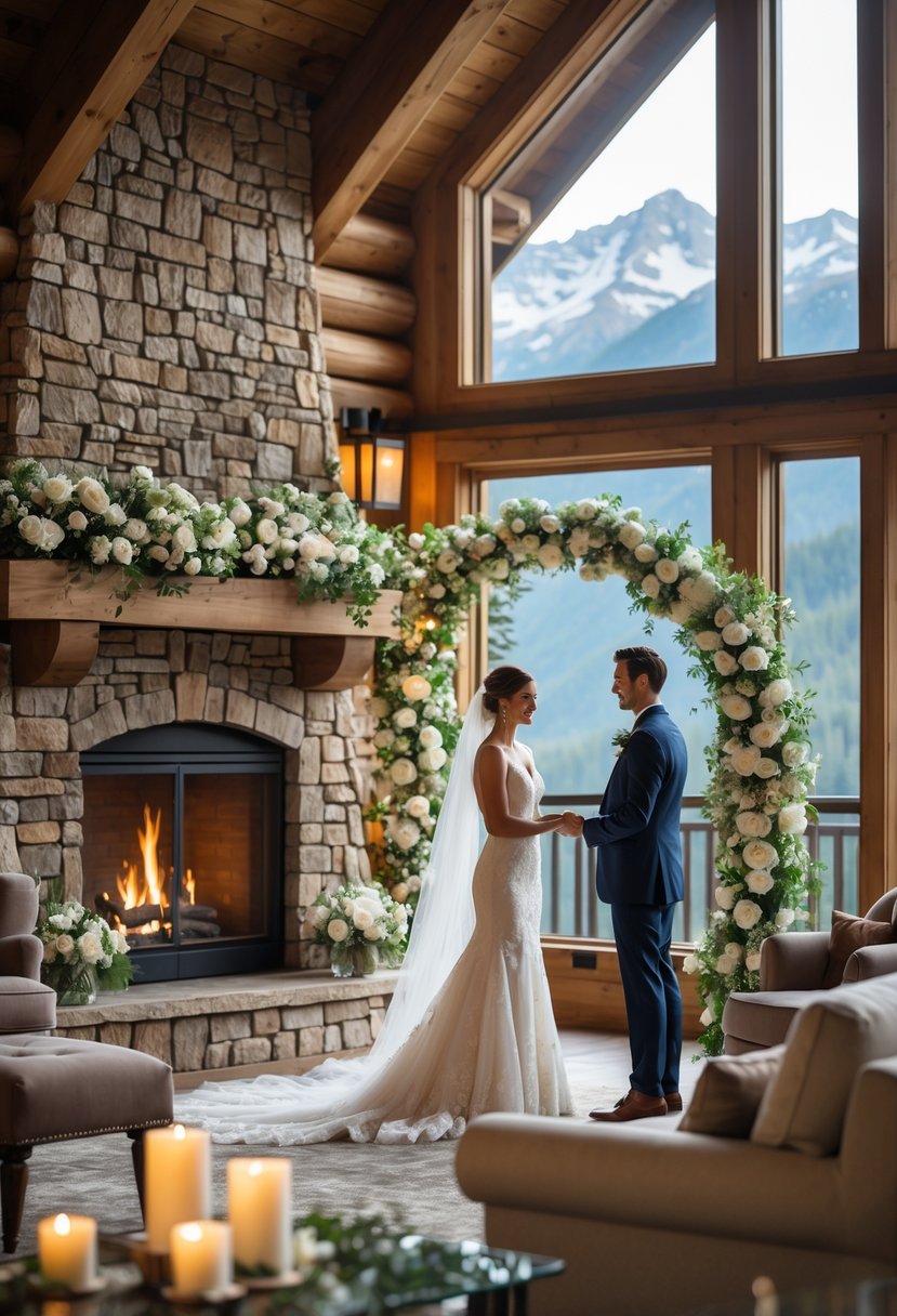 A couple exchanging wedding vows inside a mountain lodge with a lit stone fireplace and mountain views through large windows.
