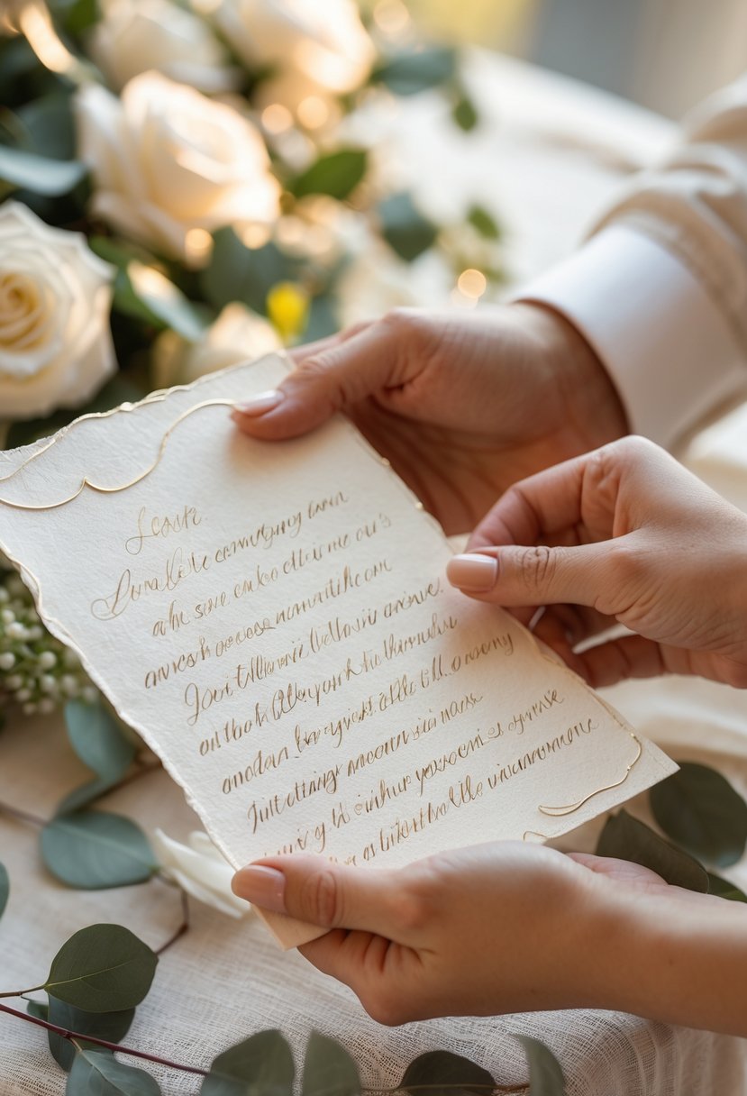 Two hands holding handwritten vow letters during a wedding vow renewal ceremony with soft floral decorations in the background.