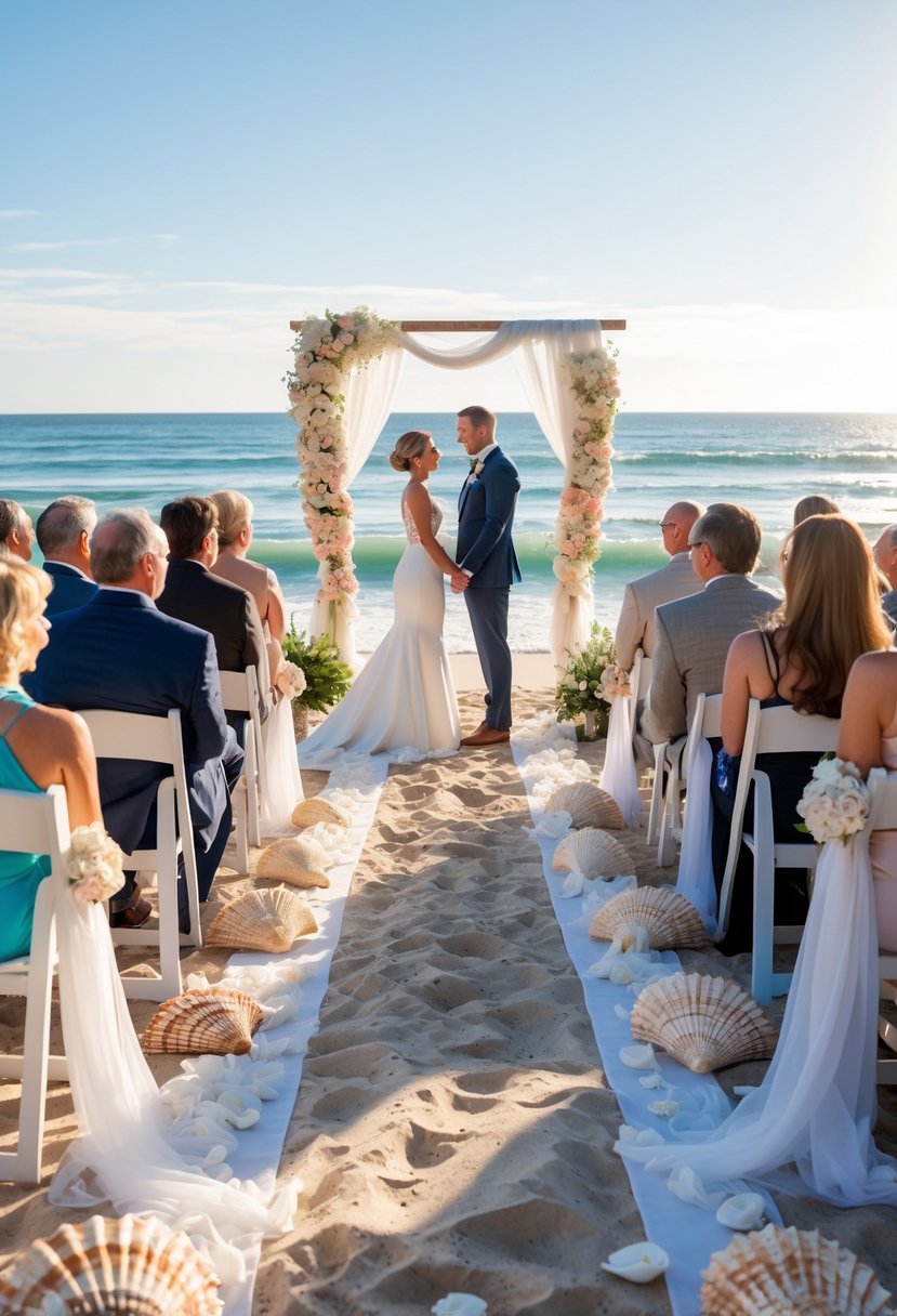 A couple renewing their vows on a beach aisle decorated with seashells, with ocean waves and guests in the background.