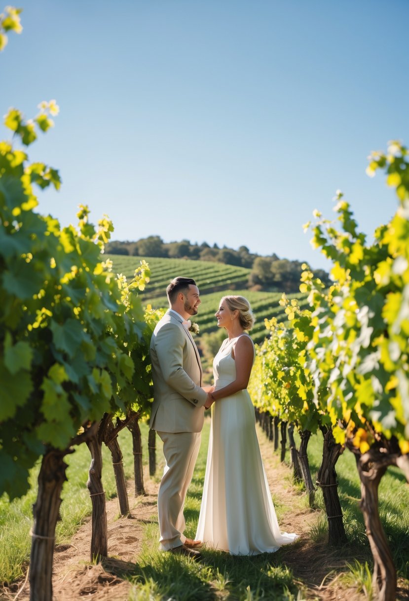 A couple exchanging wedding vows among grapevines in a small vineyard during a sunny day.
