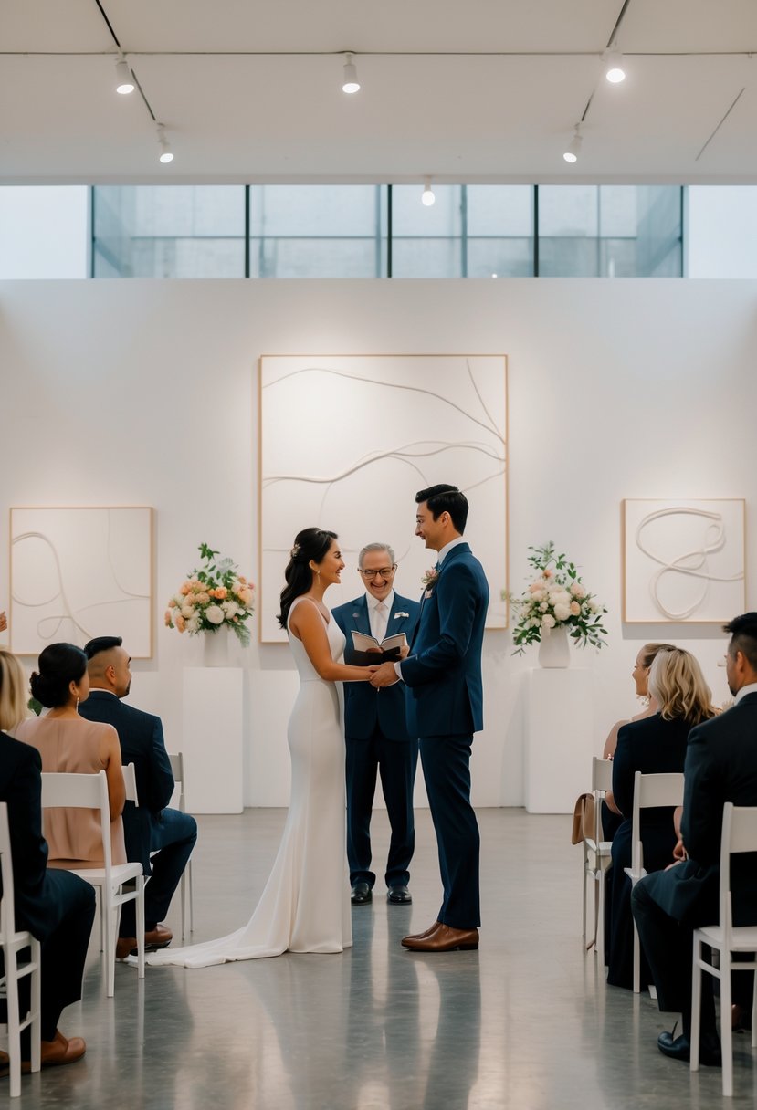 A couple renewing their wedding vows surrounded by seated guests inside a modern art gallery.