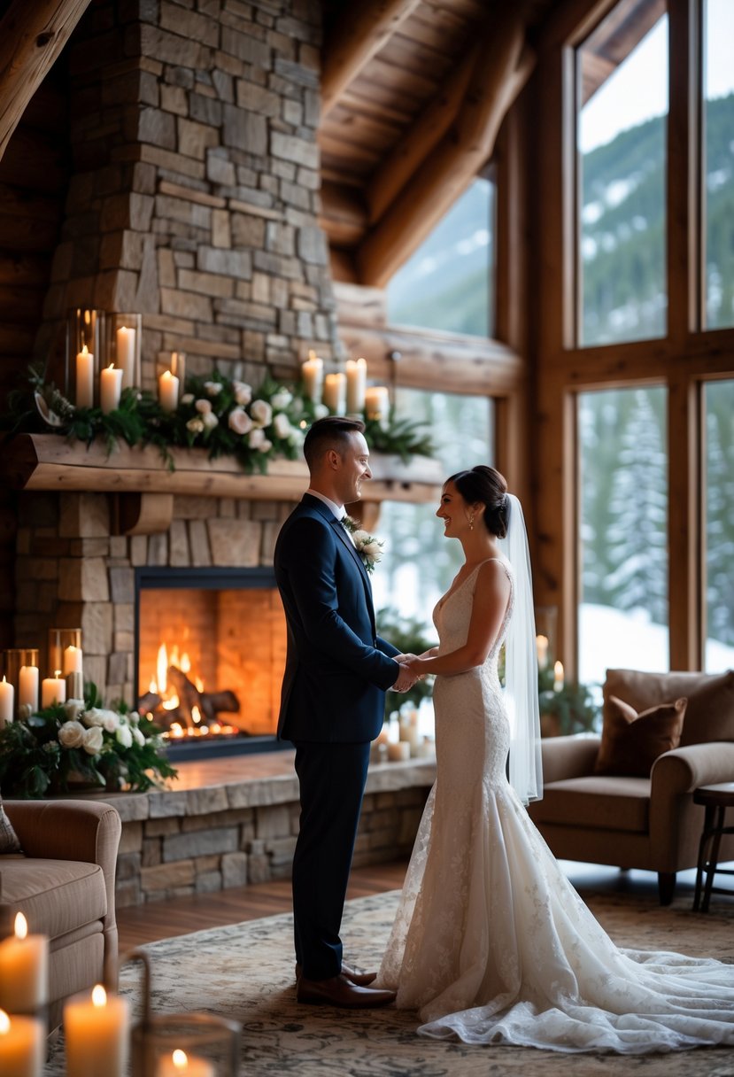 A couple exchanging wedding vows by a fireplace inside a luxury lodge with wooden walls and warm lighting.