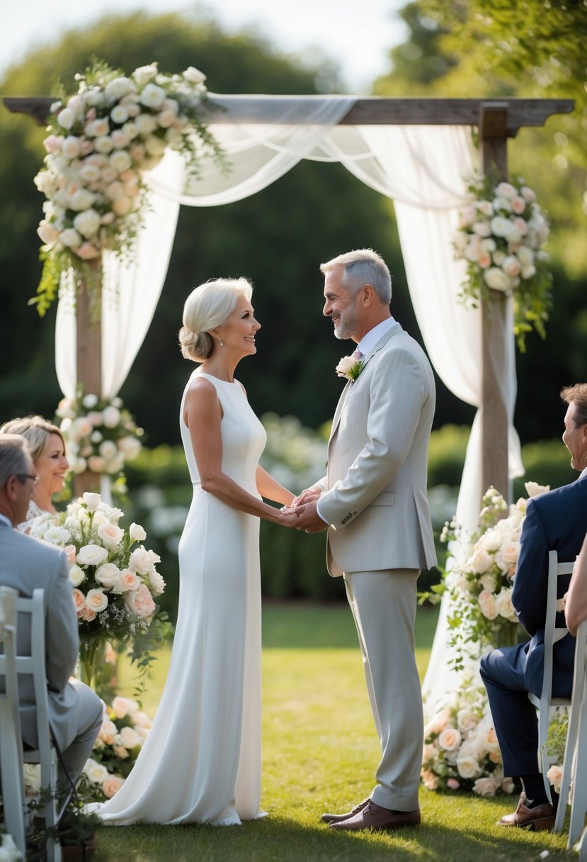 A mature couple holding hands during their wedding vow renewal ceremony in a garden with floral decorations and guests watching.
