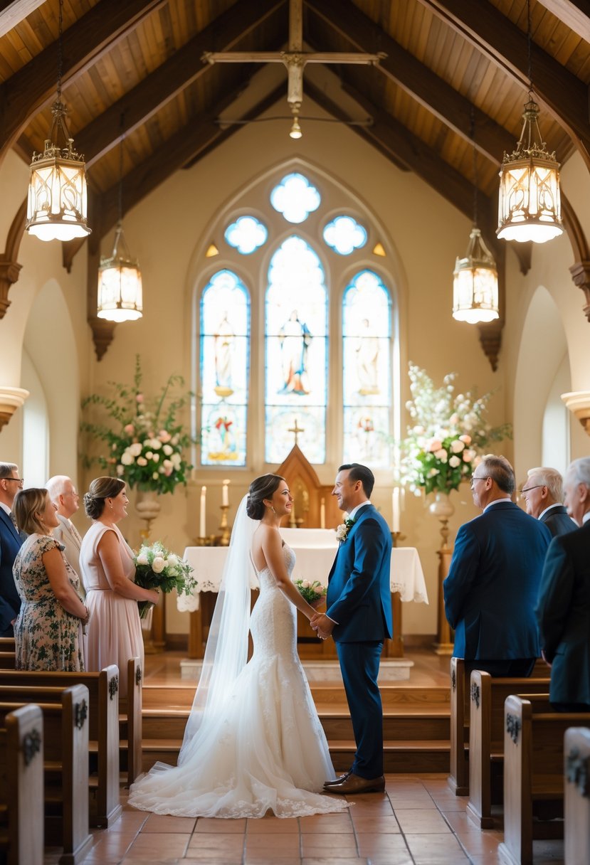 A couple renewing their wedding vows inside a traditional church with family and friends present.