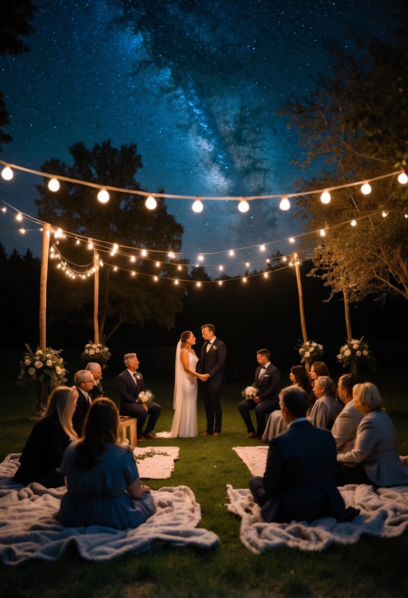 A couple renewing their wedding vows outdoors at night, sitting on blankets surrounded by close family and friends under a starry sky.