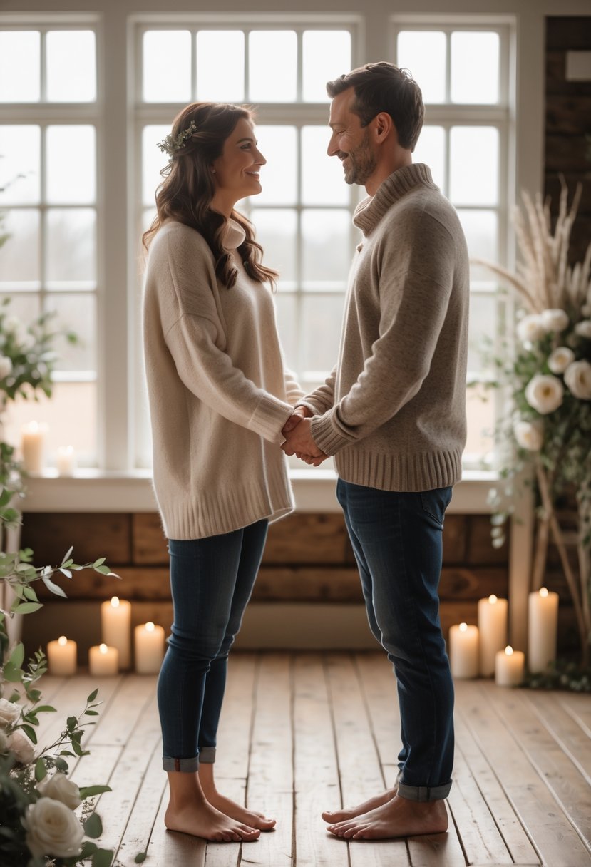 A couple wearing cozy sweaters and barefoot holding hands indoors during a wedding vow renewal.