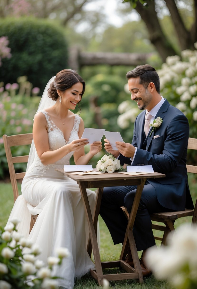 A couple sitting at a table outdoors exchanging handwritten letters during a wedding vow renewal ceremony.