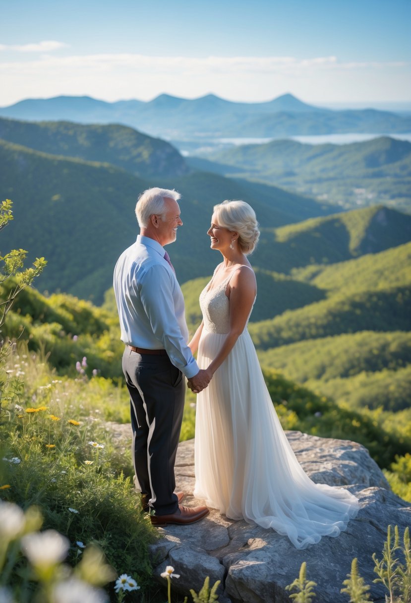 A couple renewing their wedding vows on a scenic overlook during a hike, surrounded by greenery and mountains.