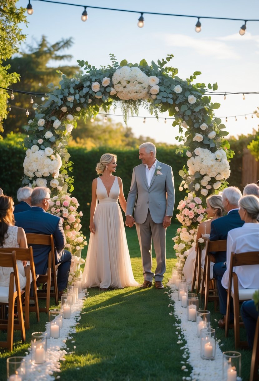 A mature couple holding hands under a floral arch during an outdoor vow renewal ceremony with family and friends seated nearby.