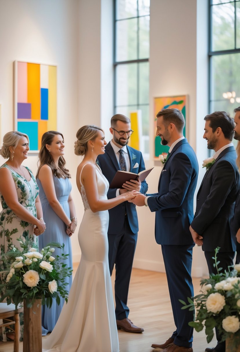 A couple renewing their wedding vows in a small art gallery surrounded by a few guests and colorful paintings on the walls.