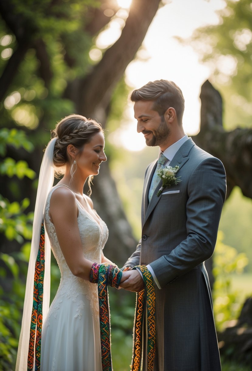 A couple outdoors holding hands bound with colorful woven cords during a traditional Celtic handfasting vow renewal ceremony.