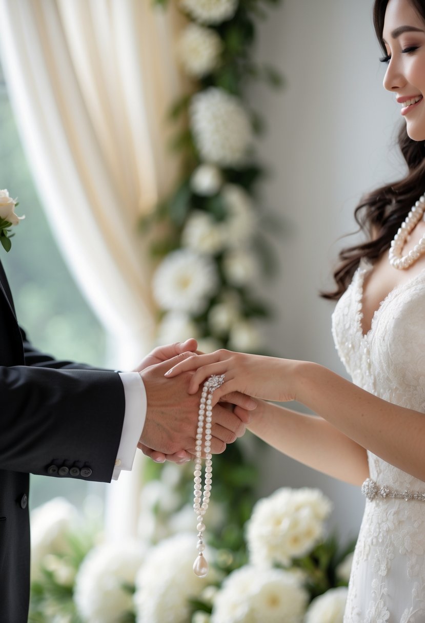 A bride and groom holding hands during a wedding vow renewal, with the bride wearing pearl jewelry and a white dress.