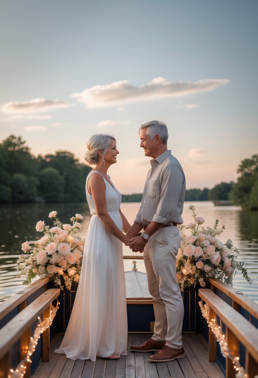 A mature couple renewing their vows on the deck of a decorated houseboat at sunset, holding hands and looking at each other lovingly.