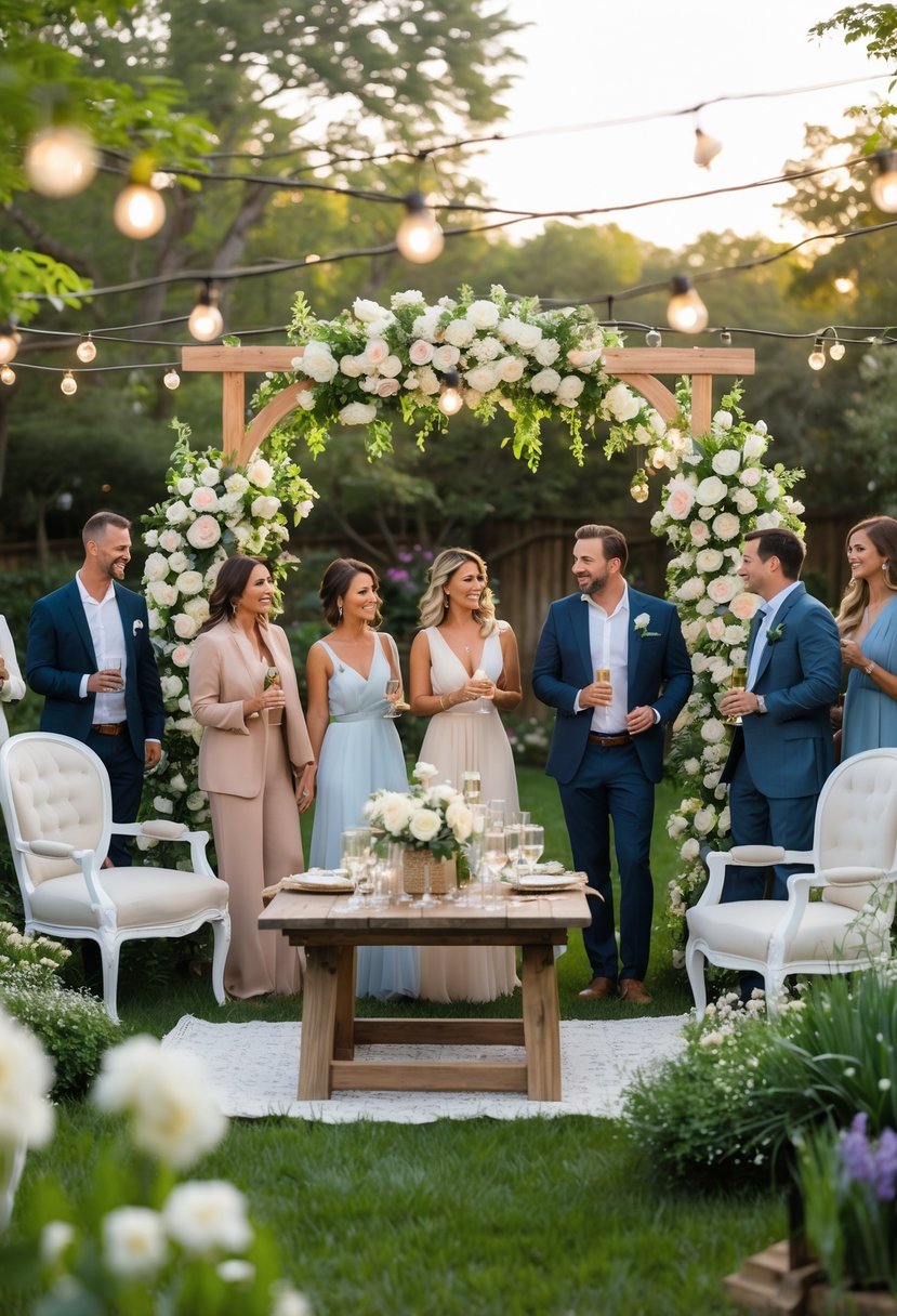 A backyard garden party with guests celebrating a wedding vow renewal under string lights, surrounded by flowers and elegant decorations.
