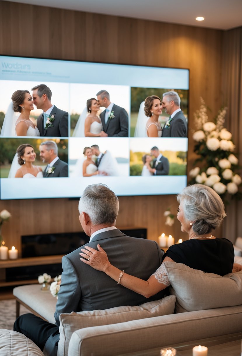 An older couple sitting on a sofa watching a wedding photo slideshow on a large TV in a cozy living room.