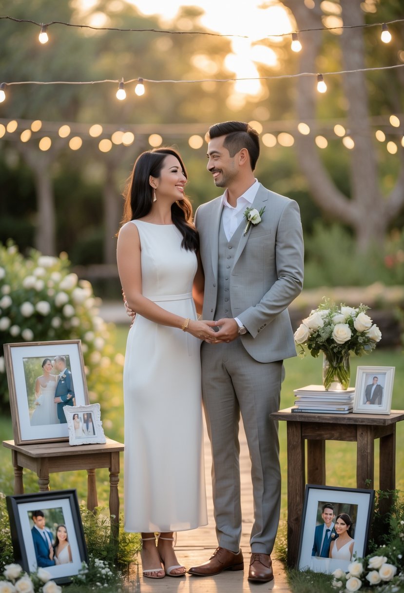 A couple holding hands outdoors in a garden, surrounded by wedding photos and flowers, smiling at each other.