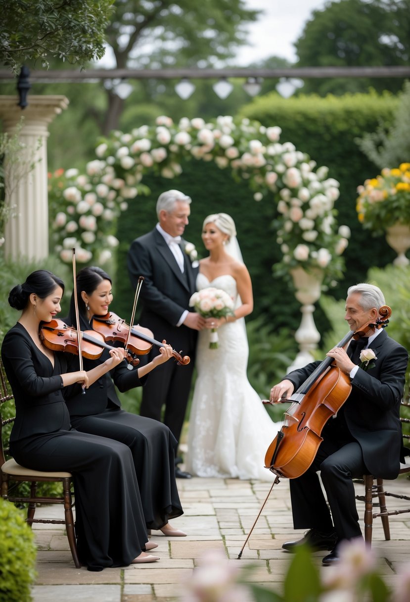 A live string quartet playing music outdoors at a wedding vow renewal ceremony with a couple holding hands in the background.