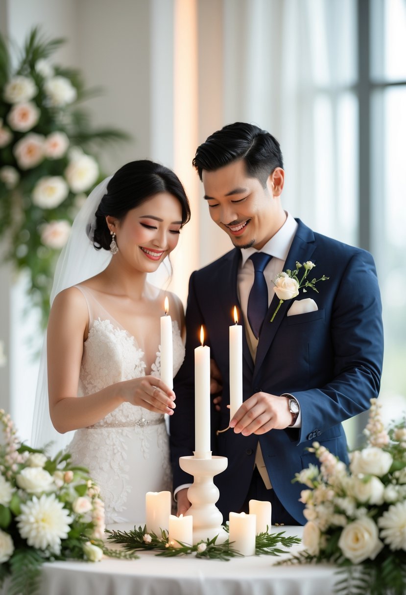 A couple lighting a unity candle together during a wedding vow renewal ceremony at a decorated table.