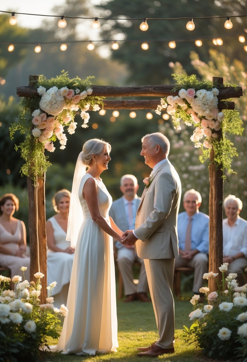 A mature couple holding hands and smiling at each other during their wedding vow renewal ceremony outdoors surrounded by flowers and guests.