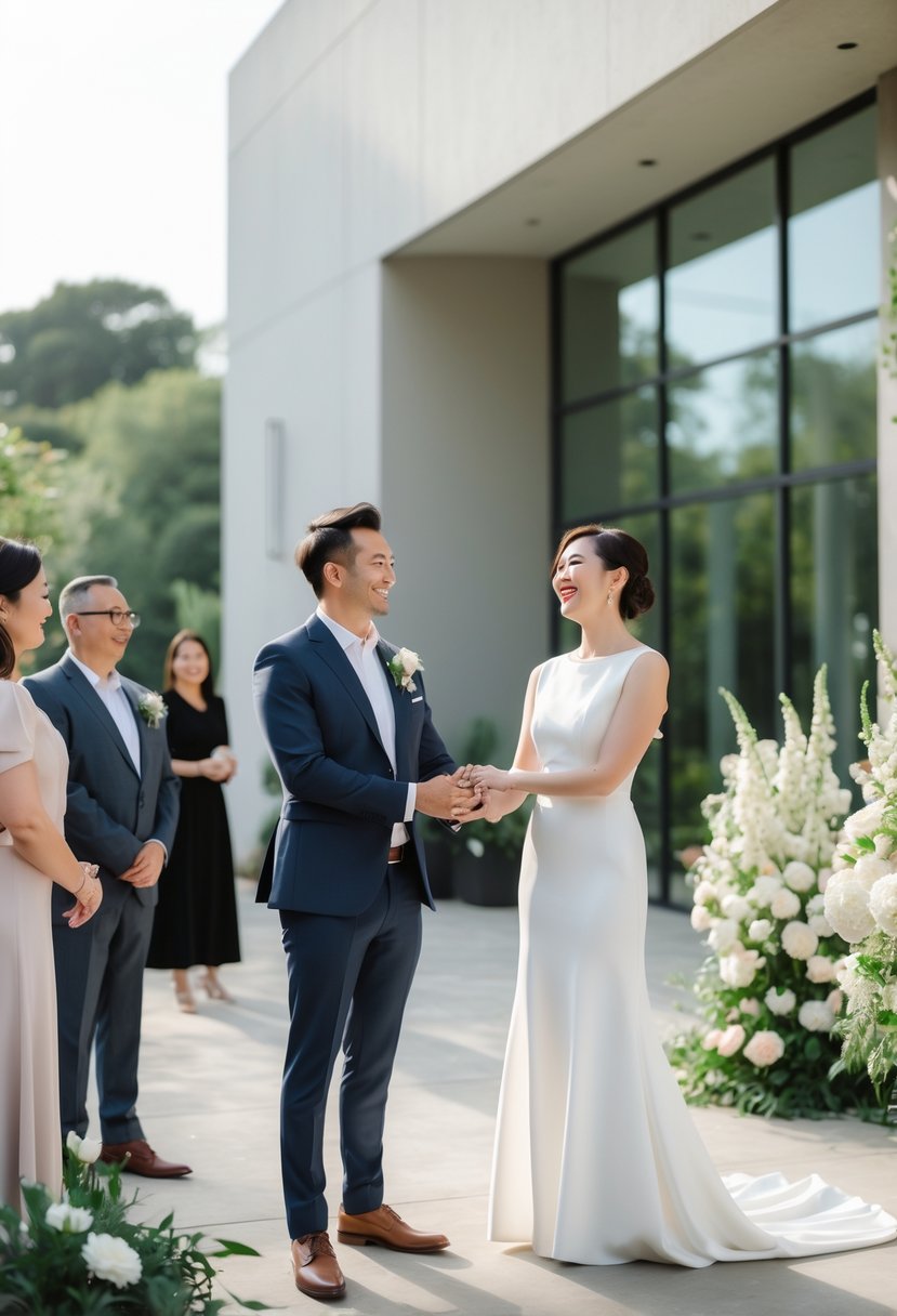 A couple renewing their wedding vows outdoors at a modern venue, surrounded by family and friends.