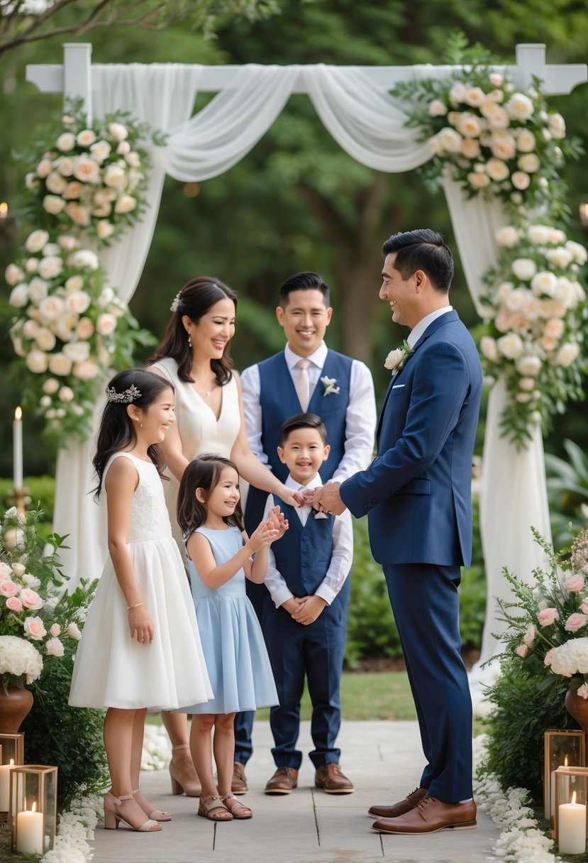 A couple renewing their wedding vows outdoors with their children standing nearby, all smiling and dressed formally.