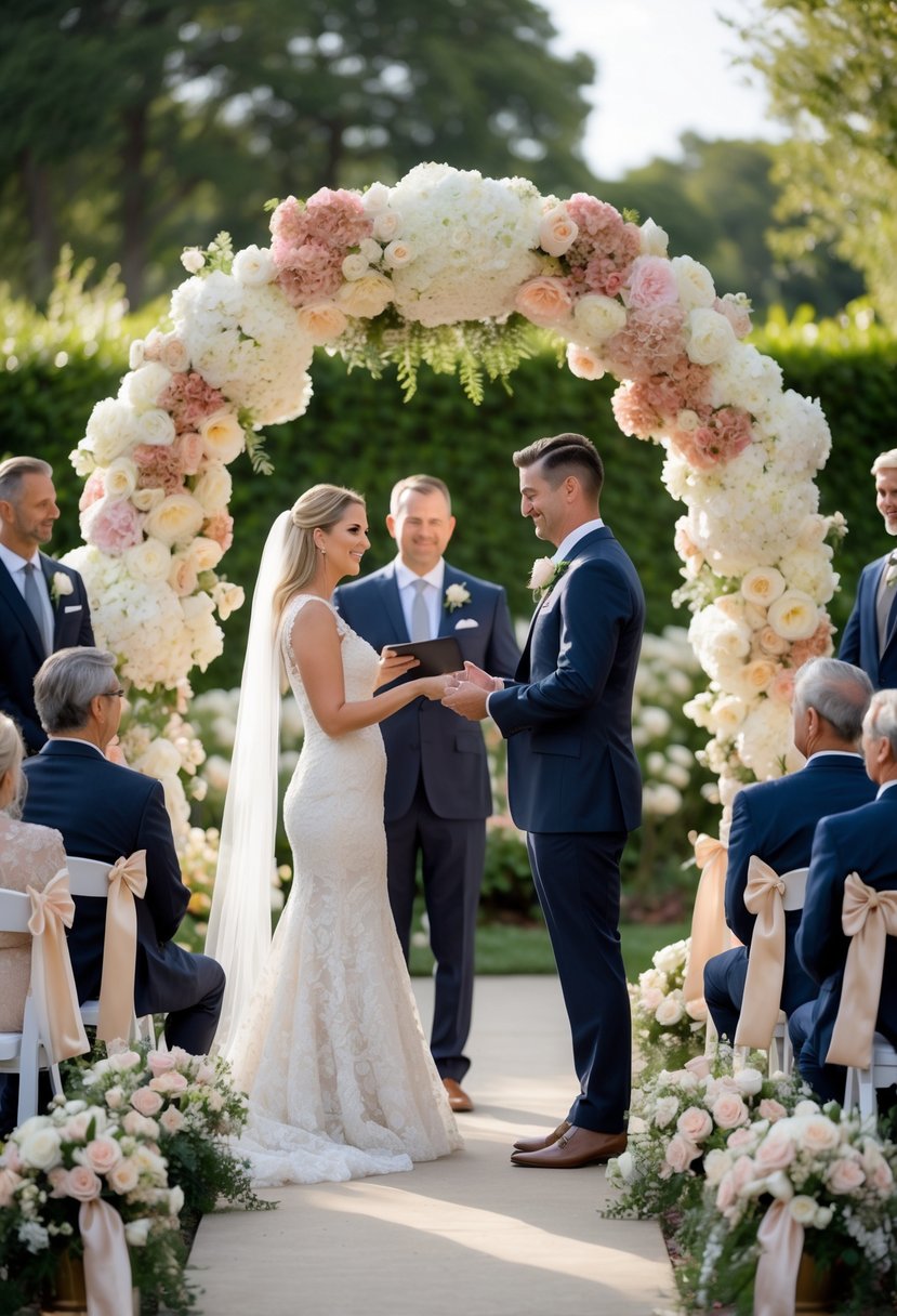 A couple exchanging vows under a floral arch with guests seated around them in a garden setting.