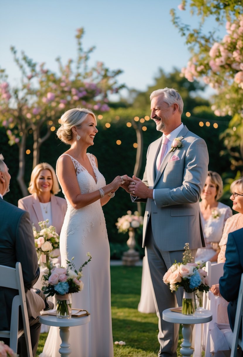 A couple renewing their wedding vows outdoors surrounded by family and friends, holding hands and smiling warmly in a garden setting.