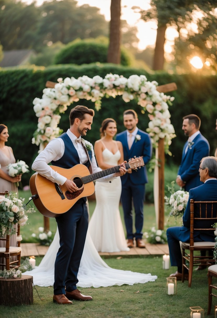 A live acoustic musician playing guitar at an outdoor wedding vow renewal with a couple standing near a floral arch and guests watching.