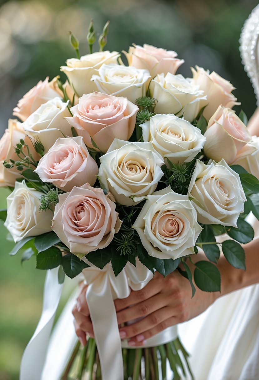 A close-up of a classic rose bouquet with white, cream, and blush pink roses held by hands wrapped in a white ribbon, set against a blurred outdoor background.