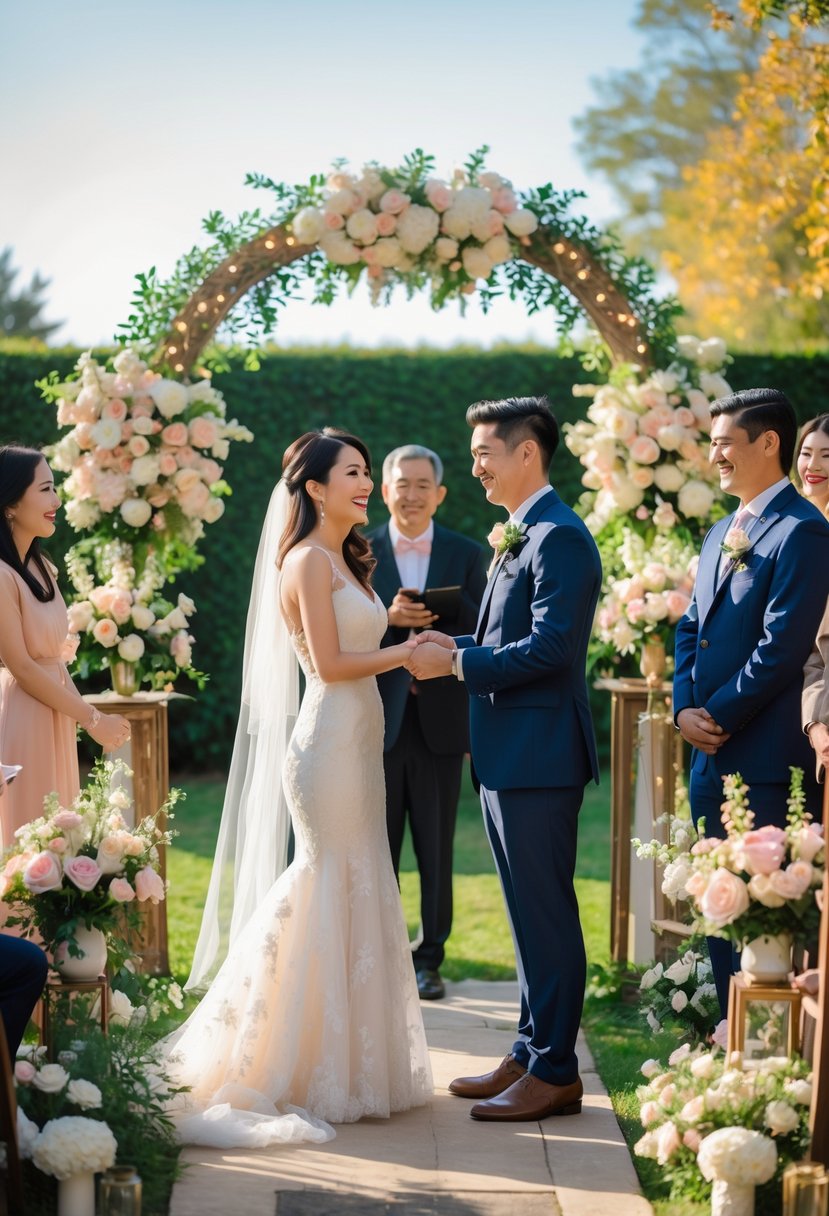 A couple exchanging vows outdoors during a wedding vow renewal ceremony surrounded by family and floral decorations.