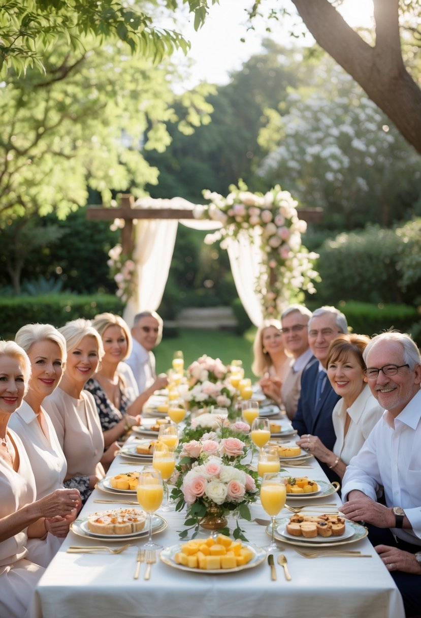 Family gathered around a decorated outdoor table enjoying a brunch reception in a garden setting.