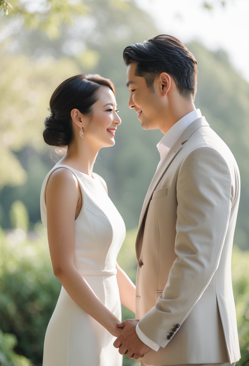 A couple holding hands and looking at each other outdoors during a wedding vow renewal ceremony.