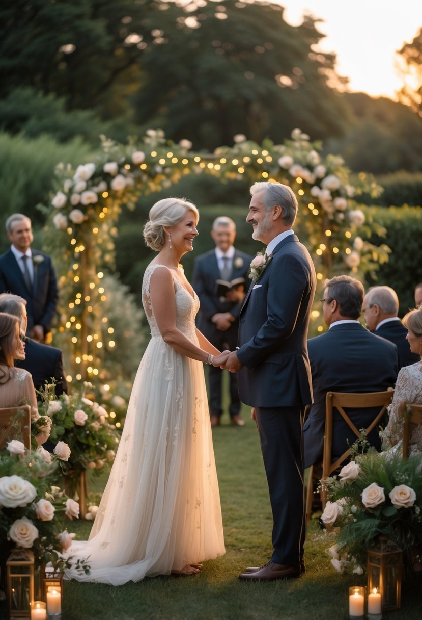 A mature couple holding hands and smiling at each other during an outdoor vow renewal ceremony with guests seated nearby.