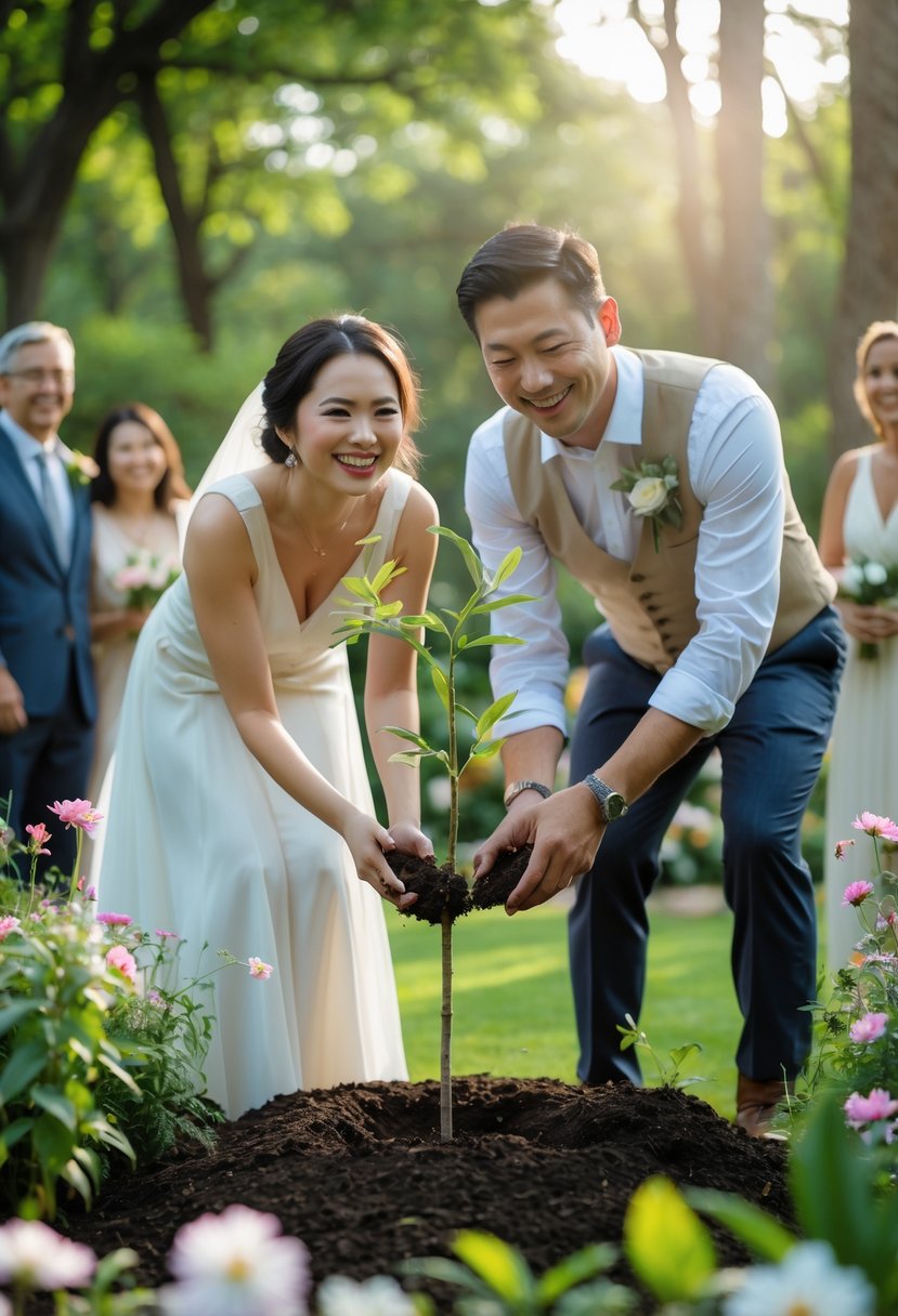 A couple planting a young tree together outdoors during their wedding vow renewal ceremony, surrounded by greenery and smiling family members.