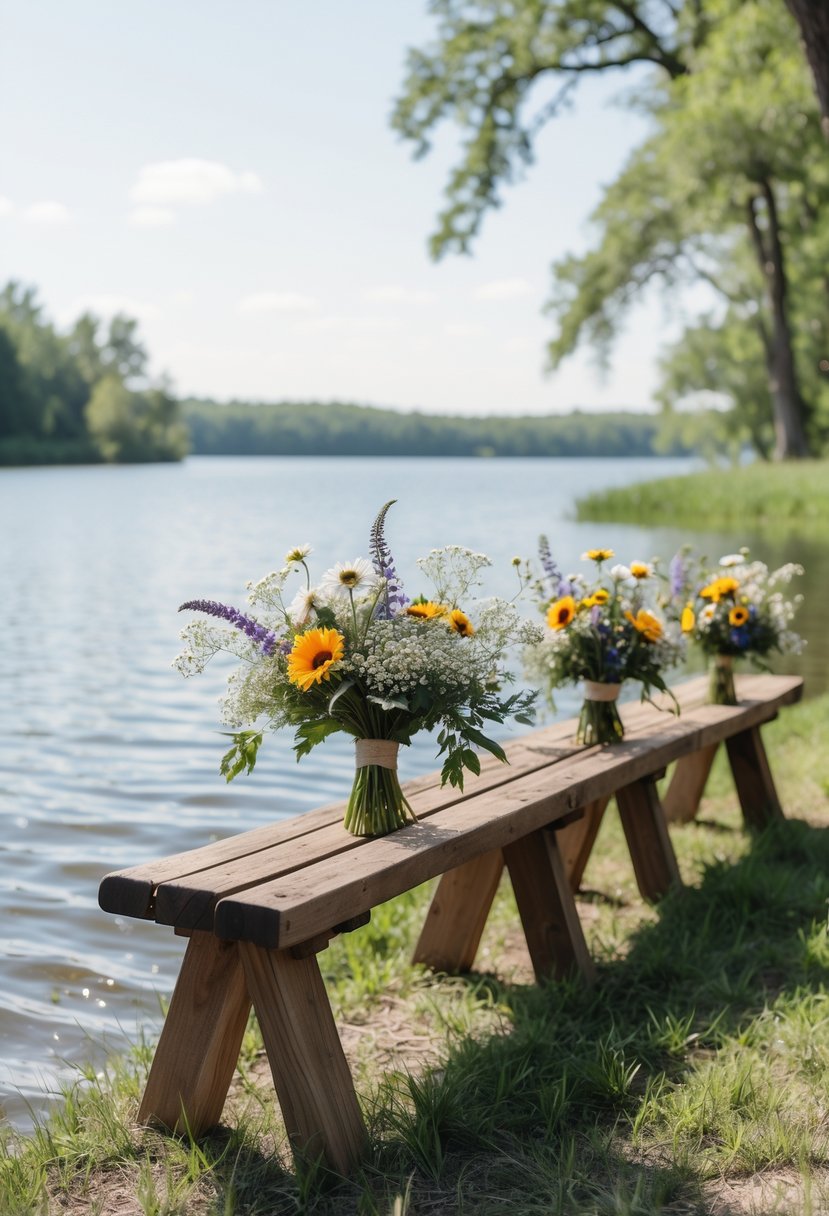 A lakeside vow renewal ceremony with wooden benches and wildflower bouquets near a calm lake.