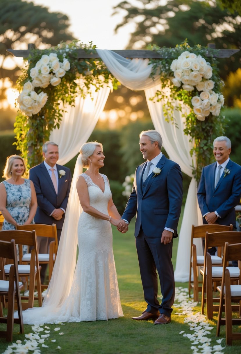 A mature couple holding hands and smiling at each other during a vow renewal ceremony at an outdoor wedding venue with floral decorations and seated guests.