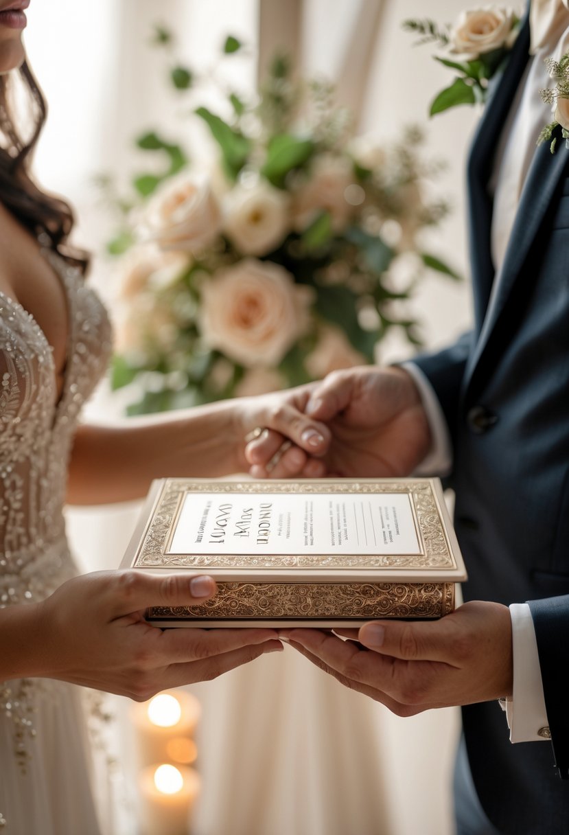 A couple exchanging personalized vow books during a wedding vow renewal ceremony, with their hands holding the books surrounded by floral decorations.