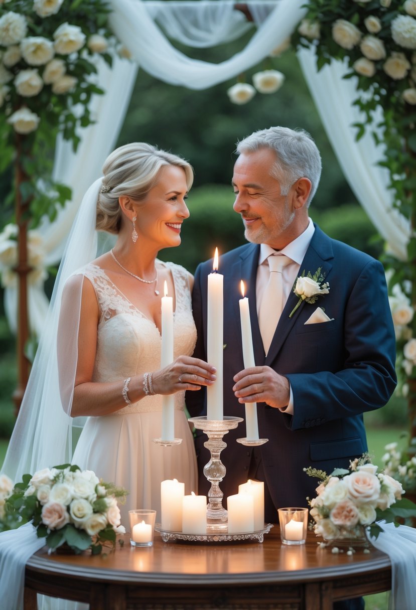 A mature couple lighting a unity candle together during a wedding vow renewal ceremony outdoors surrounded by flowers and greenery.