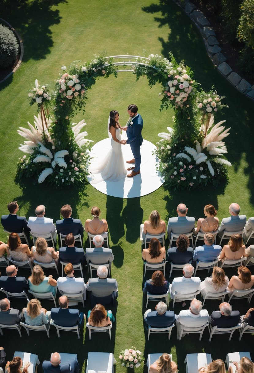 A couple renewing their wedding vows outdoors surrounded by seated guests, viewed from above by a drone.