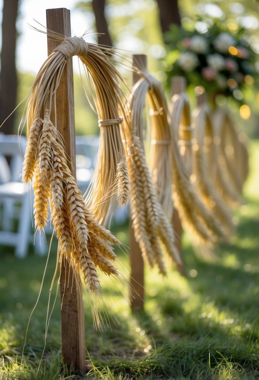 Handcrafted wheat wreaths hanging on wooden stakes marking an outdoor wedding aisle surrounded by greenery.