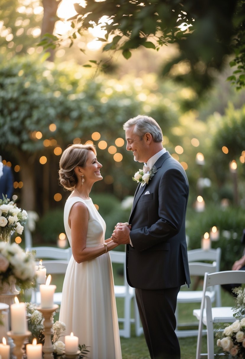 A mature couple holding hands and looking at each other lovingly during a wedding vow renewal outdoors surrounded by greenery and flowers.