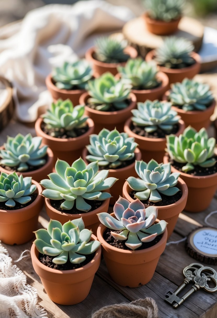 Mini terracotta pots with green succulents arranged on a wooden table with rustic wedding decorations.