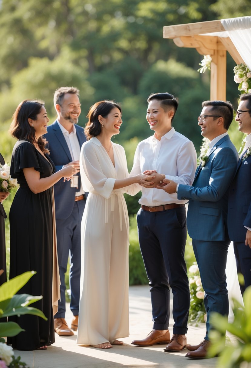 A couple renewing their wedding vows outdoors, surrounded by close friends who are officiating the ceremony.