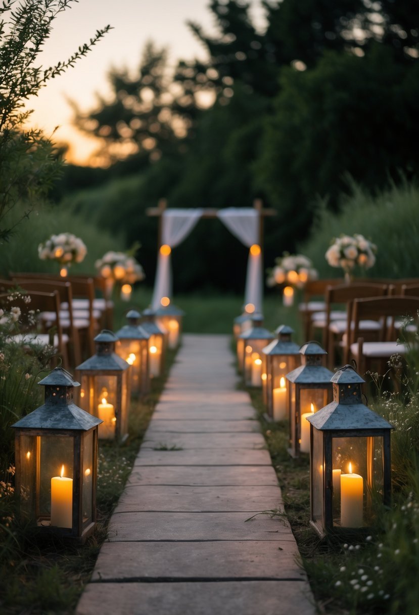 Outdoor walkway lined with rustic lanterns glowing softly, surrounded by greenery and flowers, with wedding vow renewal decorations in the background.
