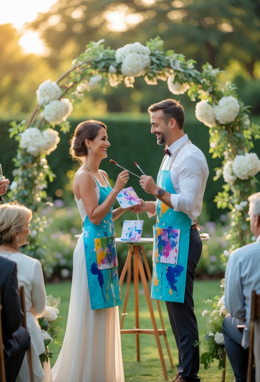 A couple renews their wedding vows outdoors, holding paintbrushes and small canvases, surrounded by seated guests in a garden setting.