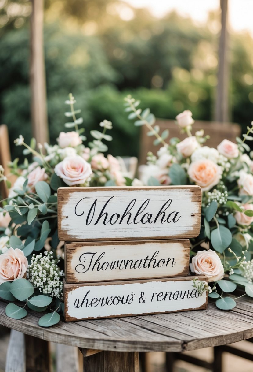 A rustic outdoor table displaying vintage wooden signs surrounded by pastel flowers and greenery.